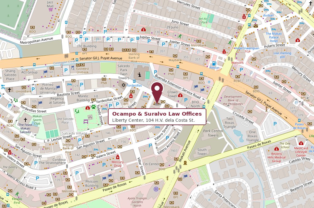 Map of Salcedo Village, Makati City, with a pin marking Ocampo & Suralvo Law Offices at Liberty Center, 104 H.V. dela Costa Street, near Senator Gil J. Puyat Avenue