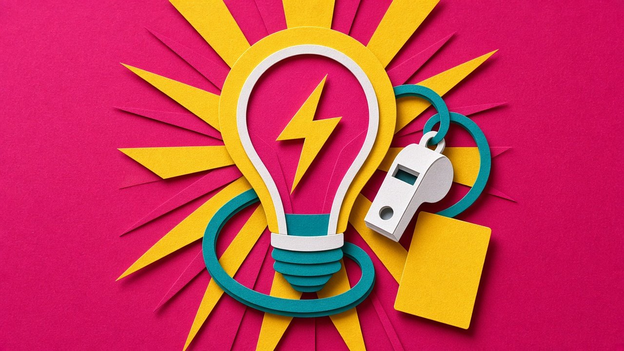 Collage-style illustration of a light bulb with a lightning-bolt filament, a referee's whistle and a blank penalty card against a sunburst