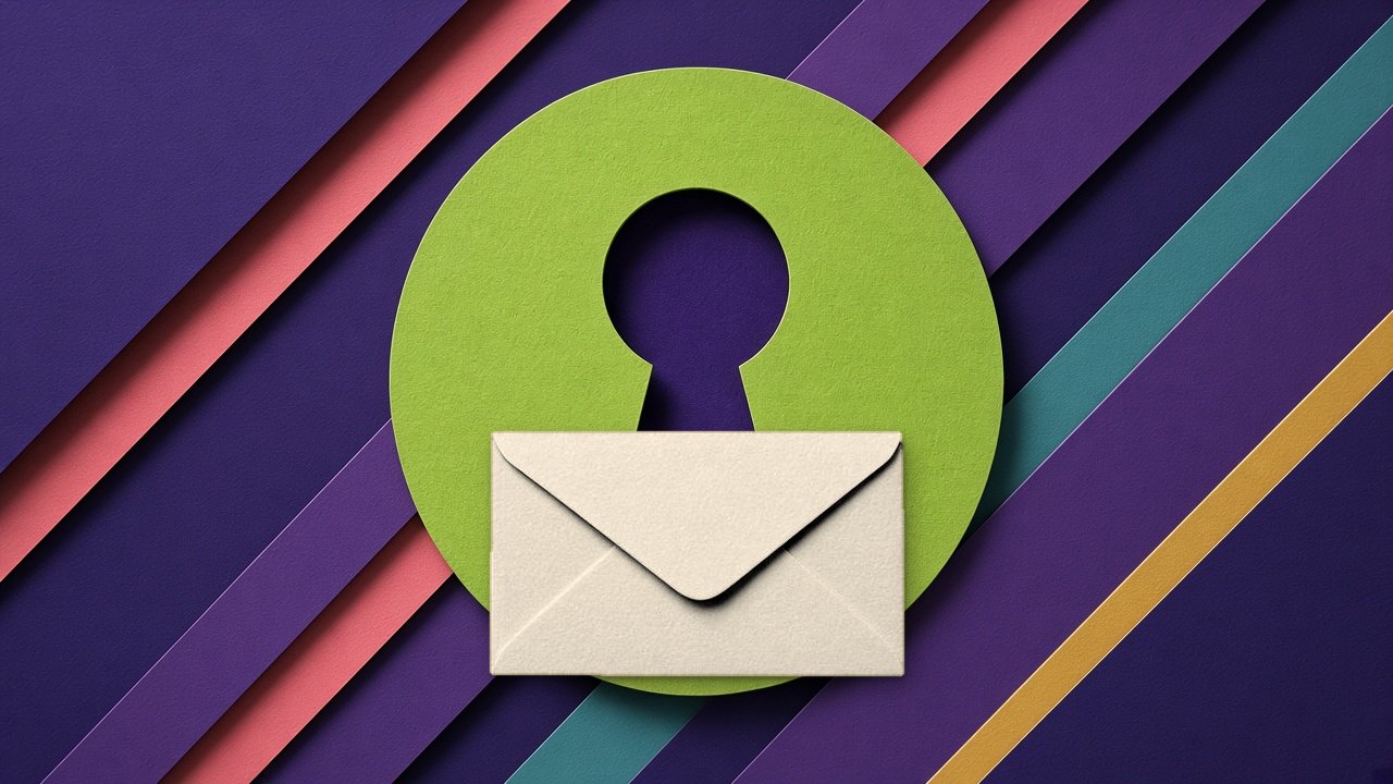 Paper cut-out illustration of a cream envelope in front of a lime-green disc with a keyhole cut-out, on diagonal violet paper bands with coral, teal and gold strips