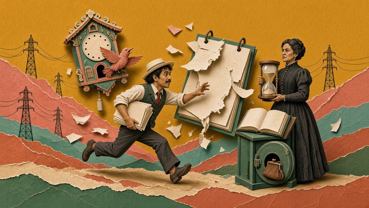 Paper cut-out collage of a clerk in a straw hat running with an armful of papers past a cuckoo clock and a torn calendar, toward a woman in a dark dress holding an hourglass beside an open ledger on a safe with a coin purse, with power pylons on paper hills