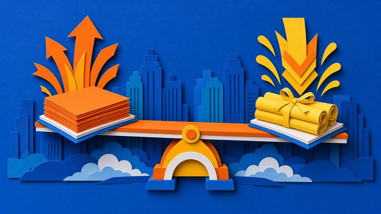 Collage-style illustration of a balanced seesaw with a stack of share certificates under up arrows and a bundle of ribbon-tied bonds under a down arrow, in front of a city skyline