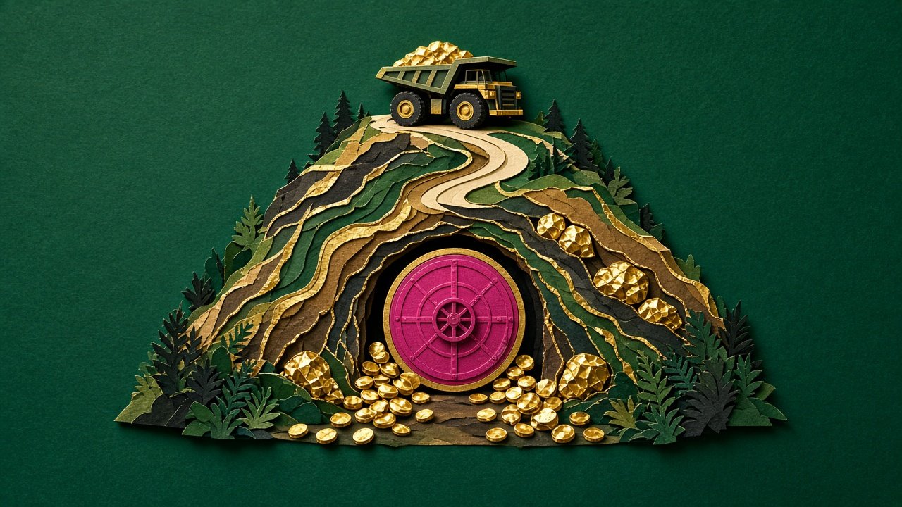 Collage-style illustration of a cutaway mountain with gold veins, a haul truck loaded with ore at the top, and a closed vault door with gold coins piled outside