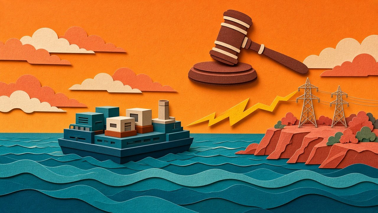 Collage-style illustration of a power barge at sea sending a lightning bolt to transmission towers on a headland, with a judge's gavel in the sky
